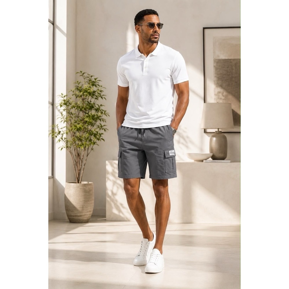 HKS 1980 By Boris Men's Gray Cargo Shorts Size M Drawstring Cotton Blend Pockets